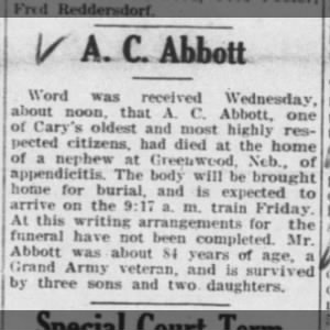 A. C. Abbott dies at the home of his nephew in Greenwood, Neb., of appendicitis.