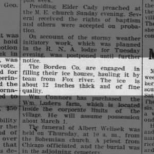 1908 -Borden Co. still using ice 12 inches thick from river for ice houses.