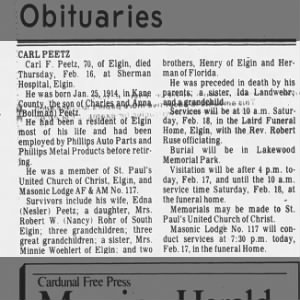 Obituary for Carl F. PEETZ