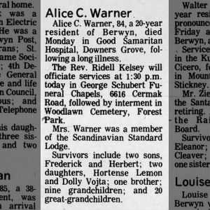 Obituary for Alice Christine Carlson Warner