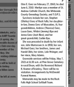 SterG-2021-0505-pA9-Obituary-Mrs Marilyn J Olds Martens Genz, Pine Grove Cemetery, pt 2